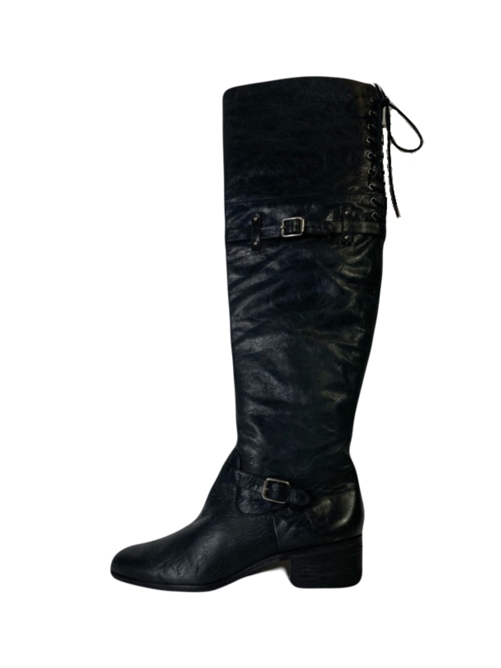 POUR LA VICTOIRE Boots Women 7 Black Leather High-Knee Straps&Buckle Lace-Up Zip
